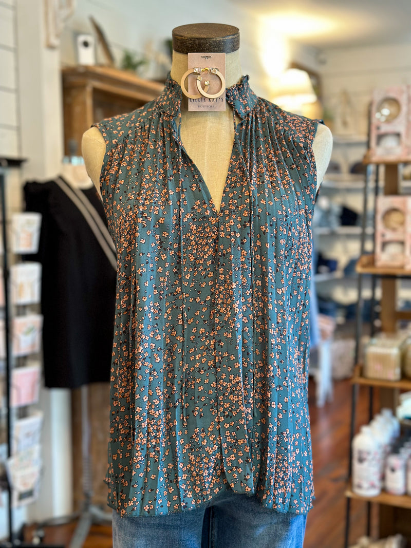 sleeveless teal green floral sleeveless top