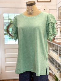 light green plus size top with eyelet lace details on sleeves