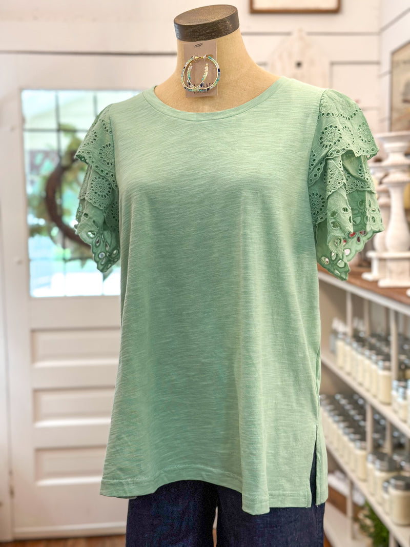 light green plus size top with eyelet lace details on sleeves