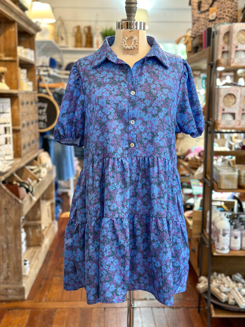 purle and blue floral print shirt dress with pockets