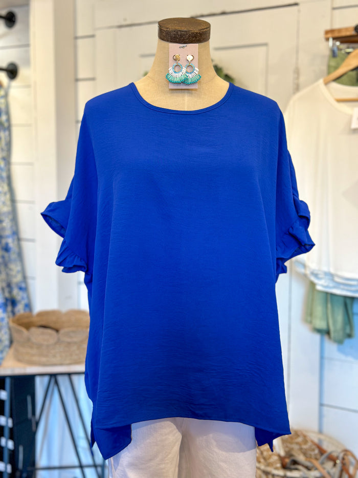 royal blue ruffle sleeve top with side slits