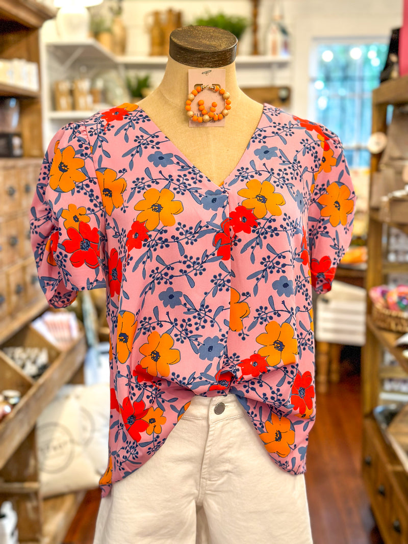 multi color floral top with puff sleeve detail