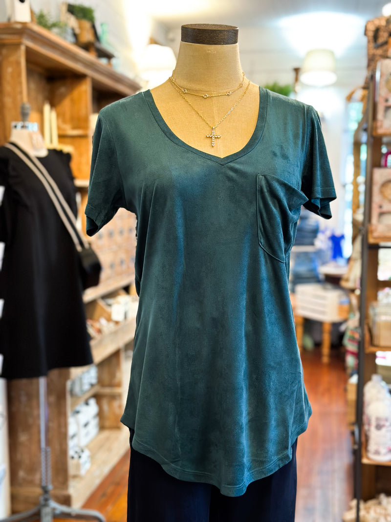 suede green v-neck short sleeve top