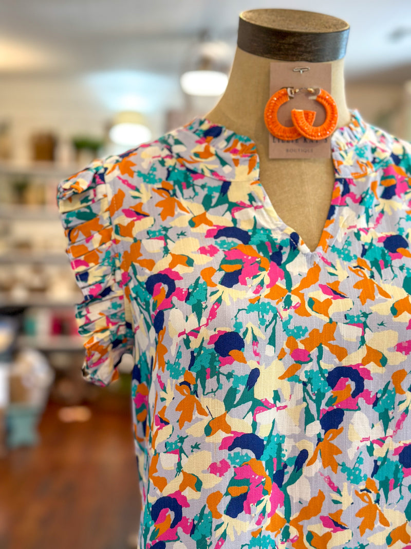 multi color ruffle sleeve washco top