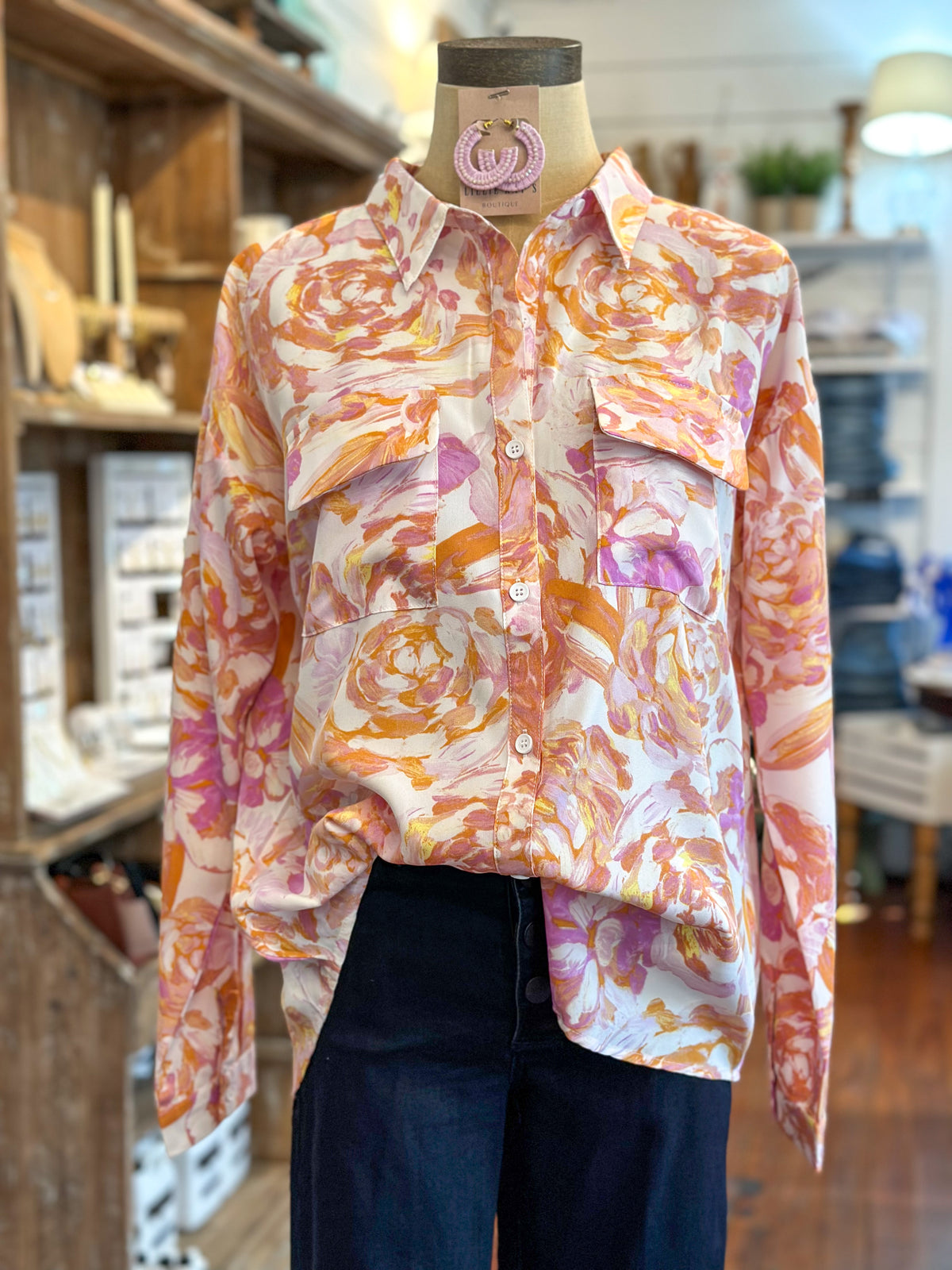 fun orange, purple and white print long sleeve button down top