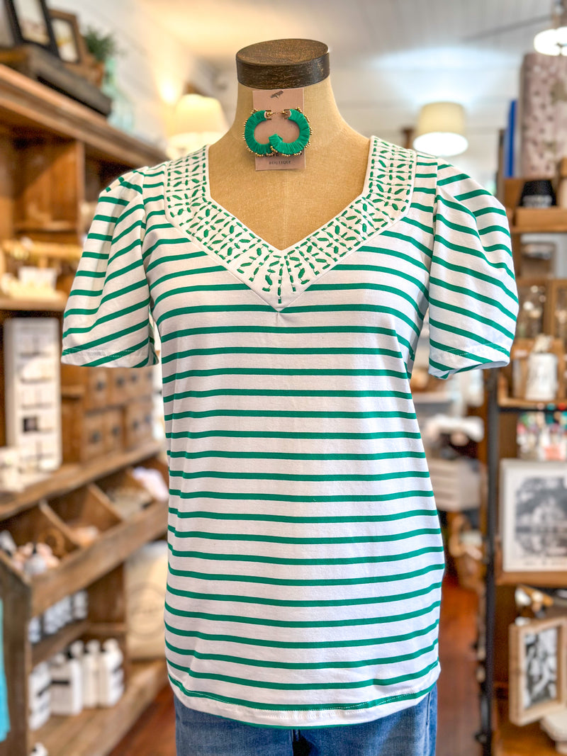green and white stripe top with embroidery detail neckline washco