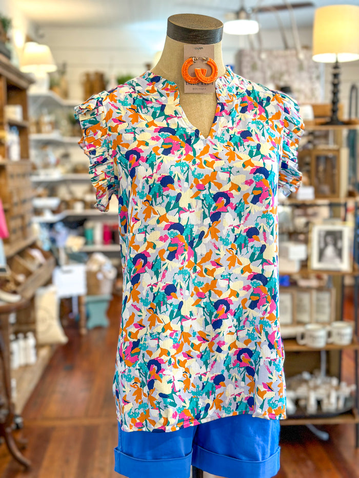multi color ruffle sleeve top washco