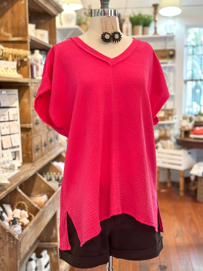 hot pink cotton gauze v neck top 