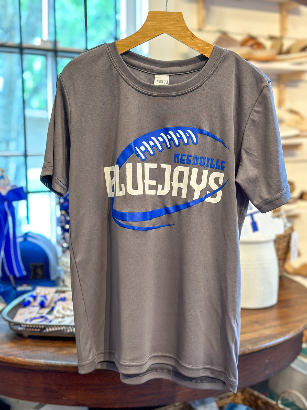 grey performance blend needville blue jays football tee