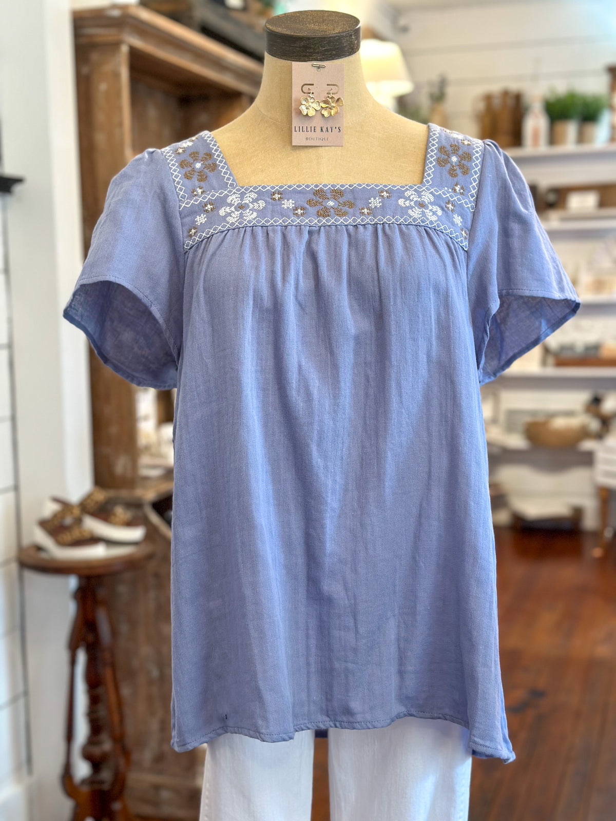 light blue square neck embroidered top
