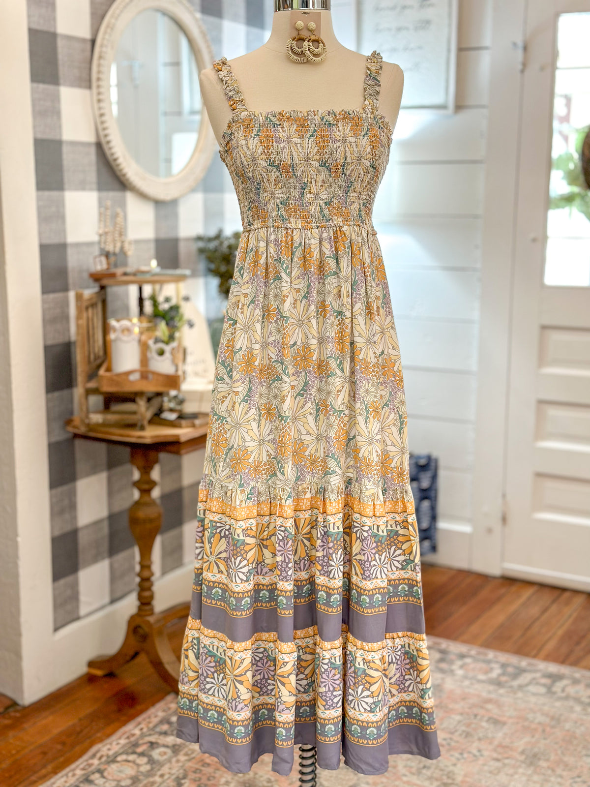 multi color floral dress with smocked detail 