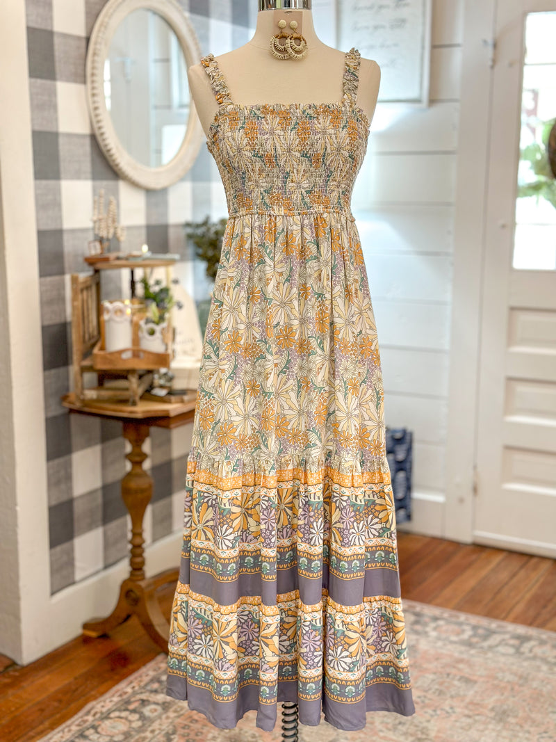 multi color floral dress with smocked detail 
