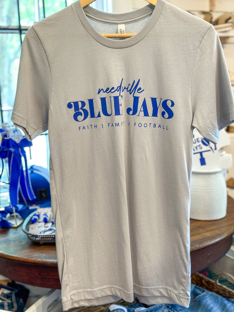 light grey faith family football tee needville blue jays
