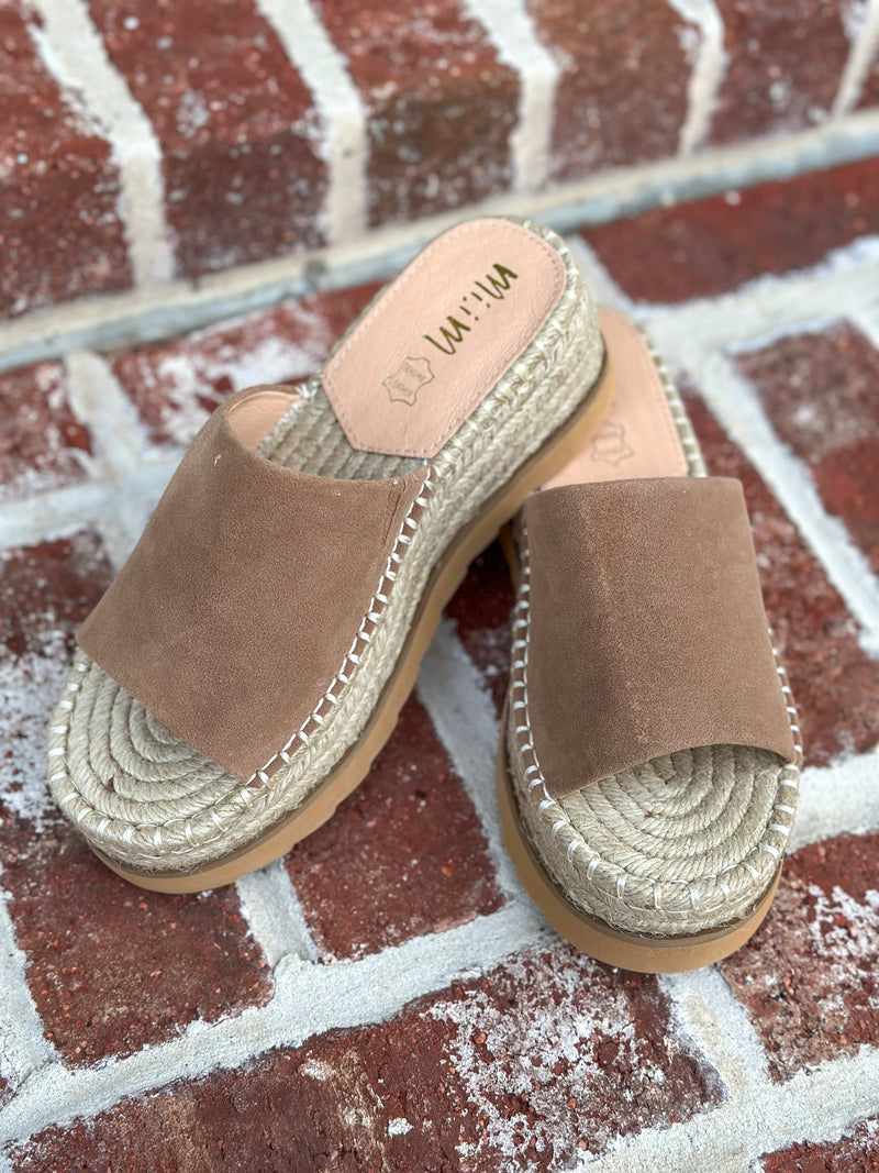 brown wedge sandal with jute material on sole 