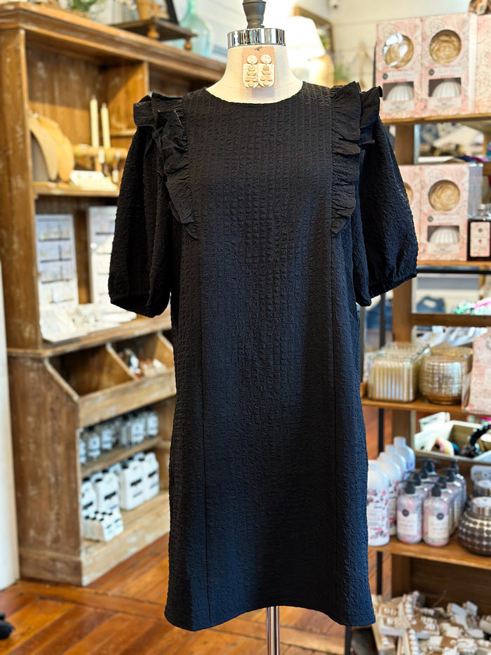 black thml dress ruffle details