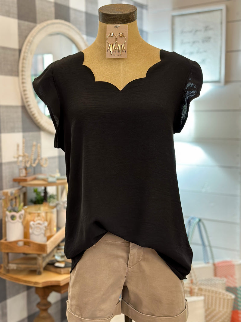 black scallop neck top with flutter sleeves plus size