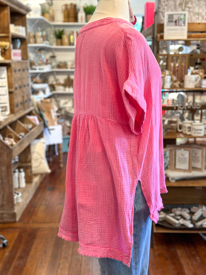 pink cotton top with rolled sleeves