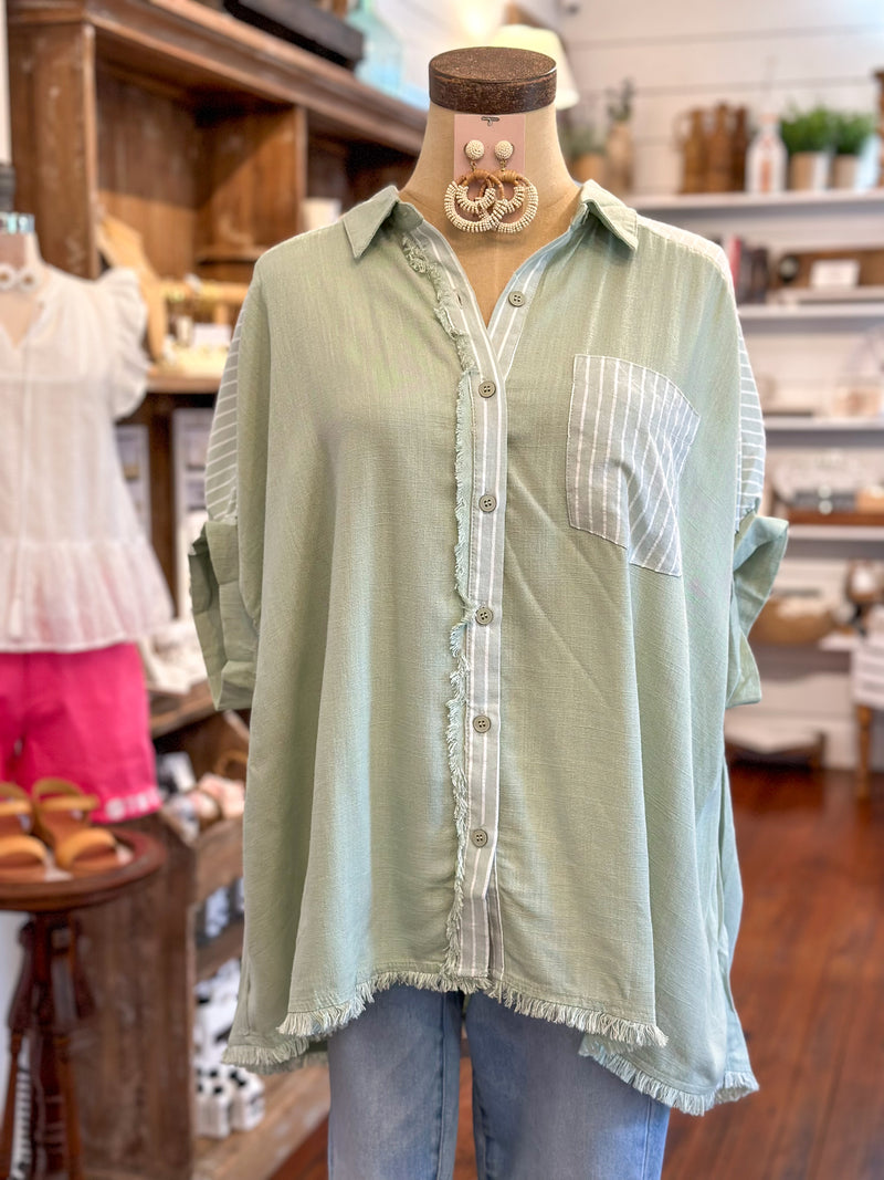 sage green button down top with stripes plus size
