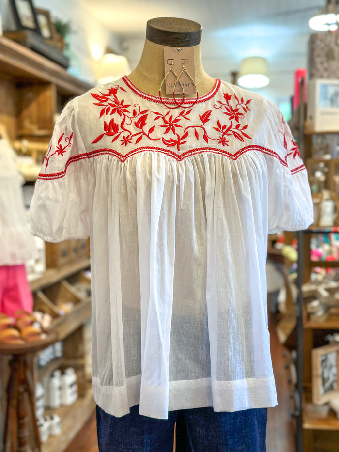 dear john white and red embroidery detail top