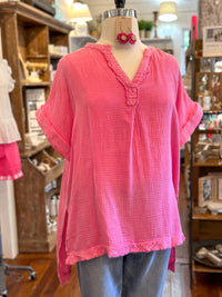 pink cotton top with rolled sleeves 