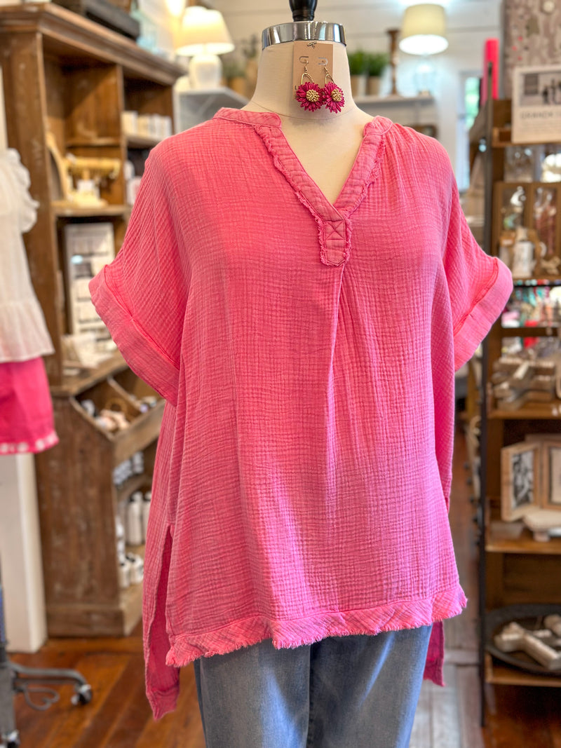 pink cotton top with rolled sleeves 