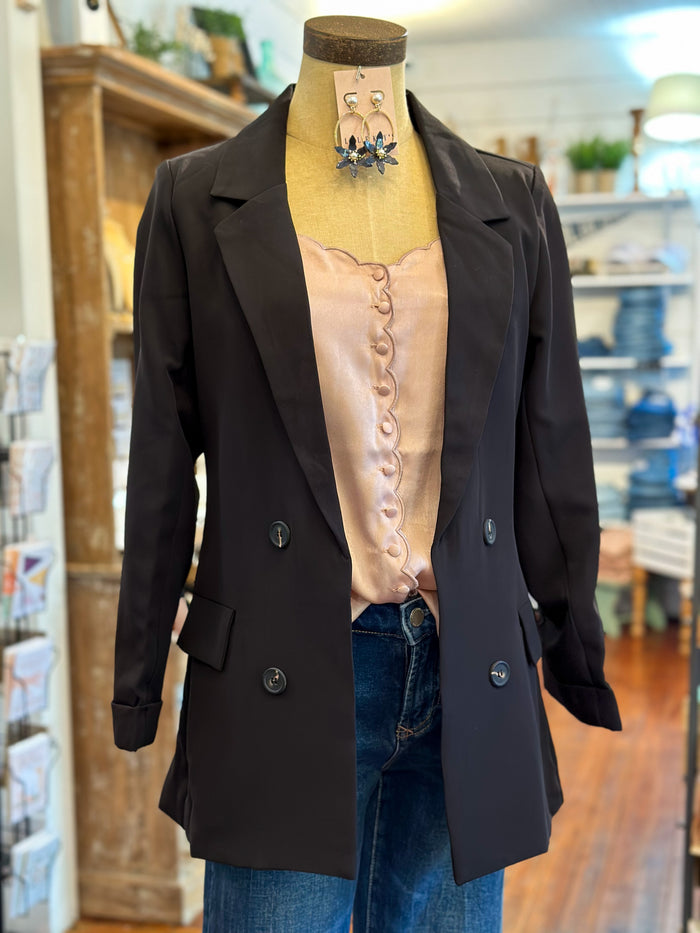black polyester blazer with decorative buttons