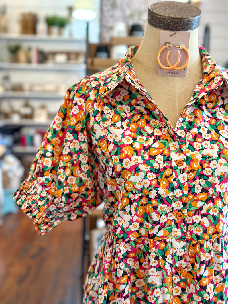 multi color floral dress with collar and pockets washco