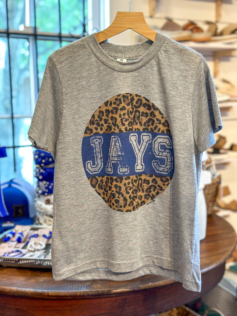 heather grey tee brown and black print jays in middle