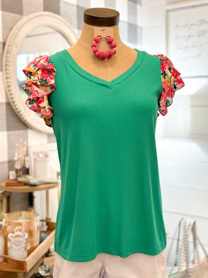 ribbed style green top with floral sleeves washco