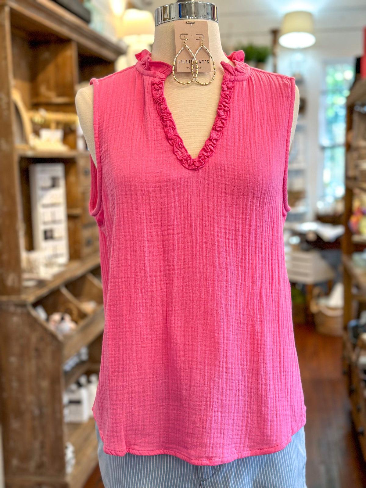 hot pink another love ruffle neckline top. cotton