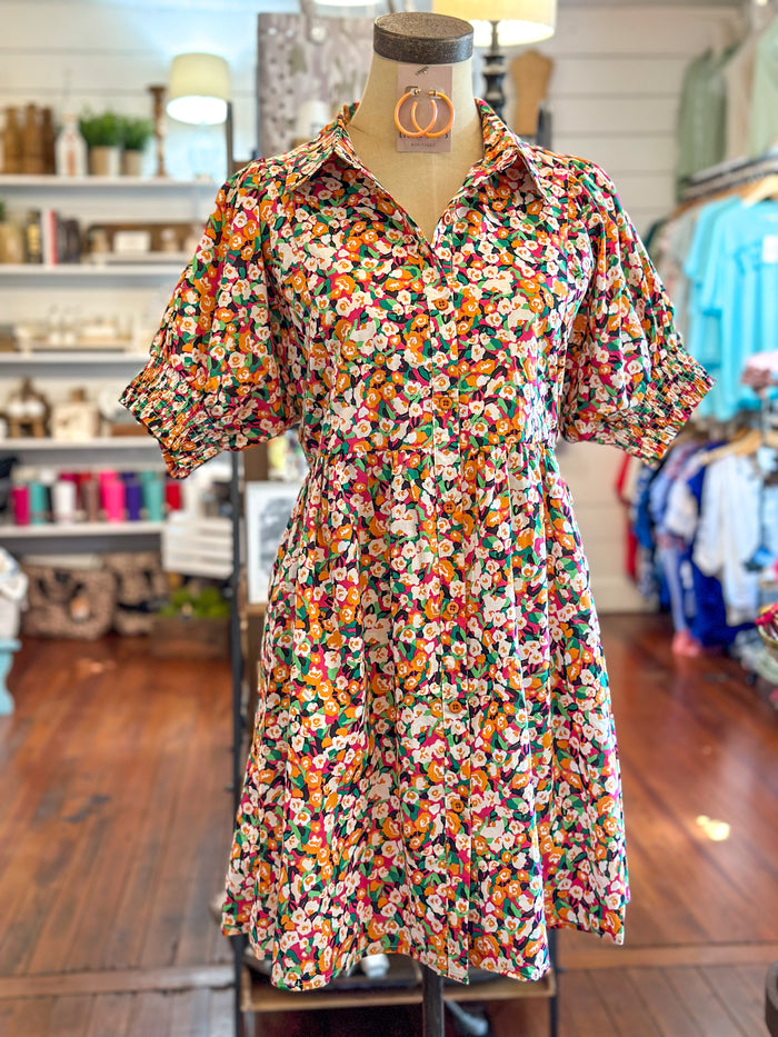 multi color floral dress with collar and pockets washco
