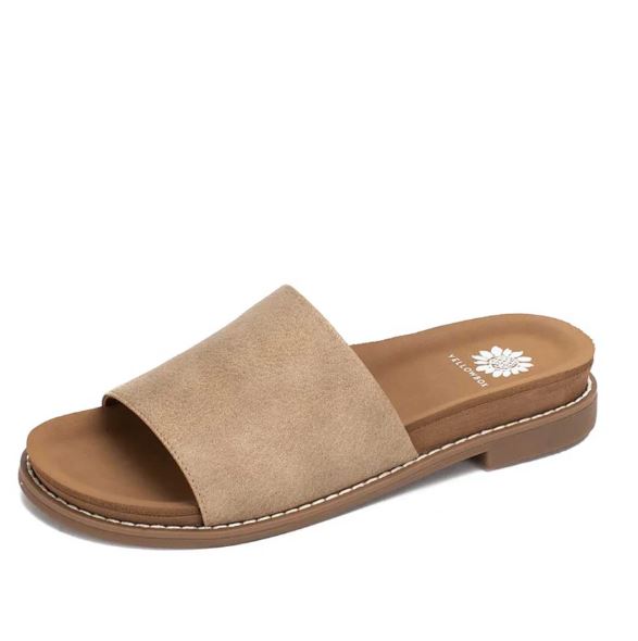 Beige sandal with a brown sole on a white background kalo sandal taupe