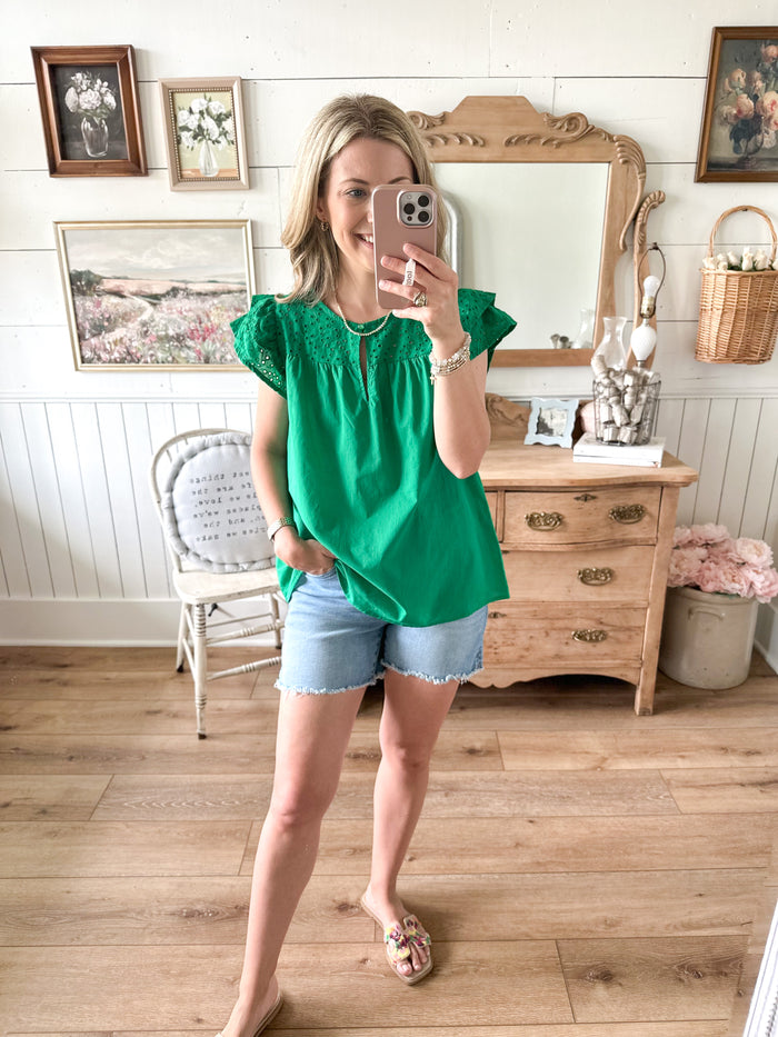 kelly green eyelet lace top with flutter sleeves 