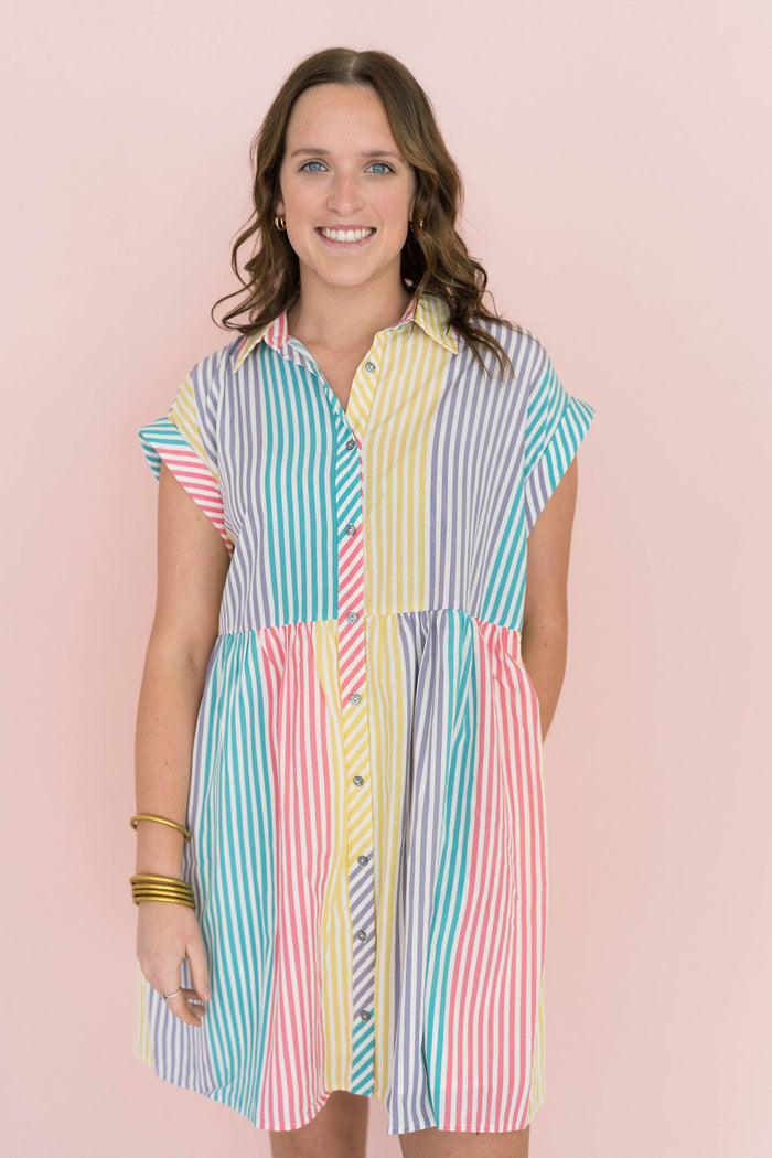 soft color stripe button down dress with pockets 