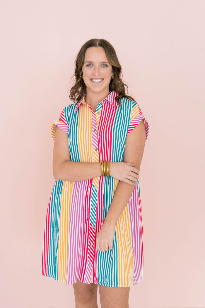 bright colored stripe button down dress with collar and pockets