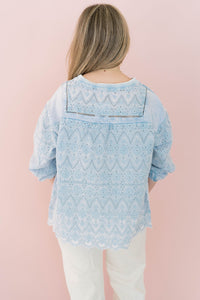 washed blue long sleeve lace detail top