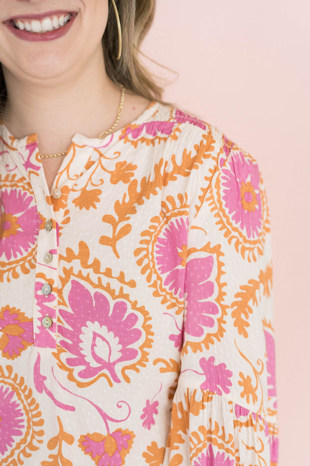 pink and peach paisley print top