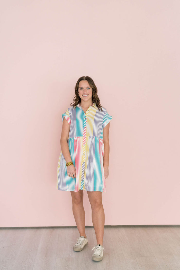 soft color stripe dress with buttons and pockets