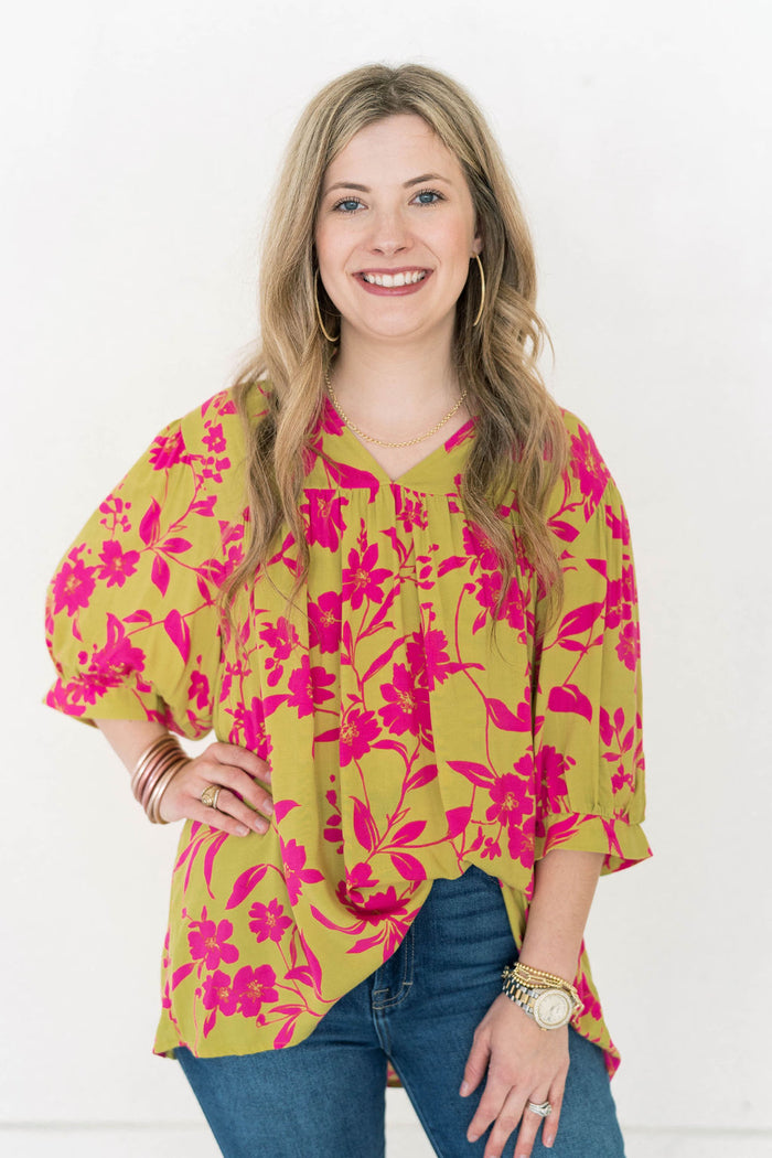 lime green and pink floral top
