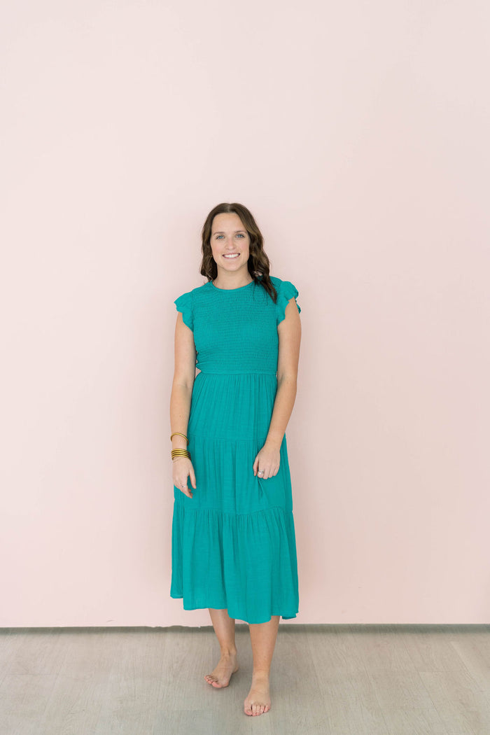 teal green midi dress with smocked top