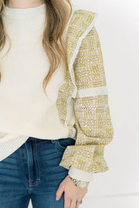 cream and green with yellow spring sweater top