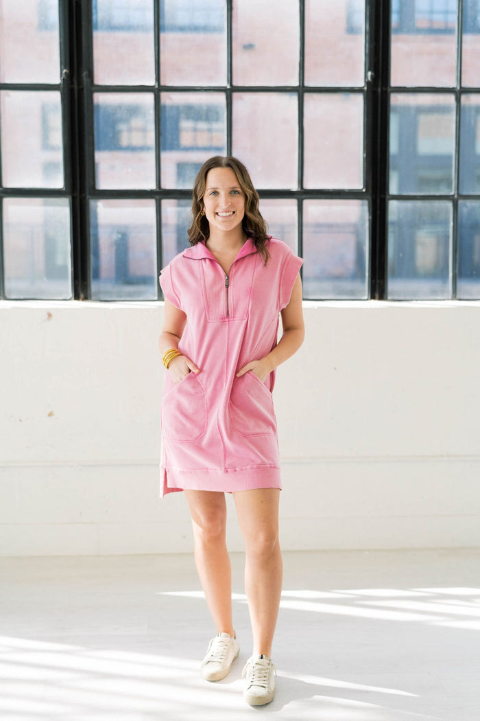 pink athletic dress with pockets and half zipper