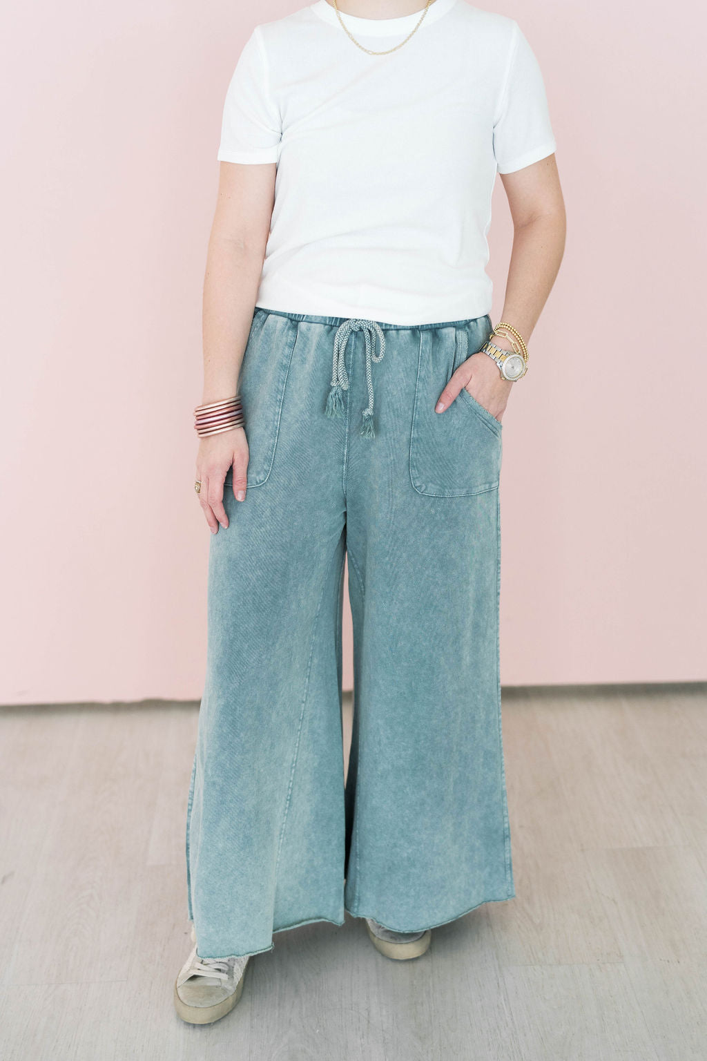 washed blue wide leg pant with drawstring waist