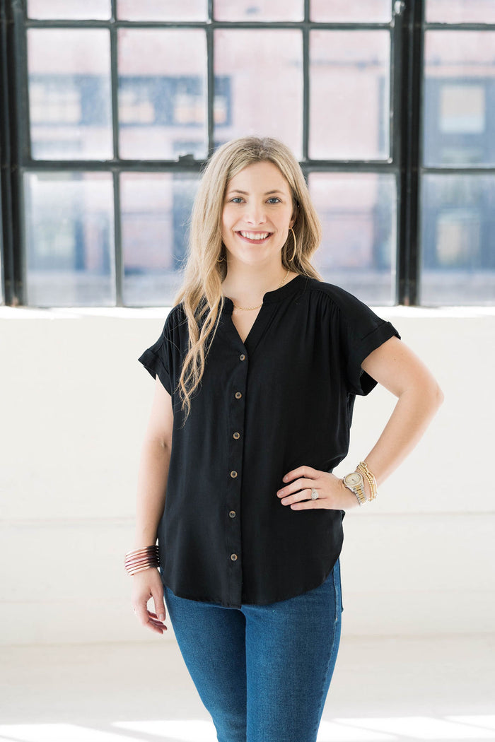 black button down rolled sleeve top