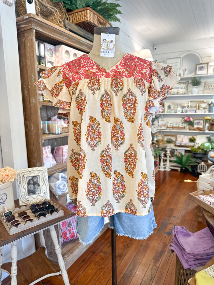 layerz clothing alura cream block print top