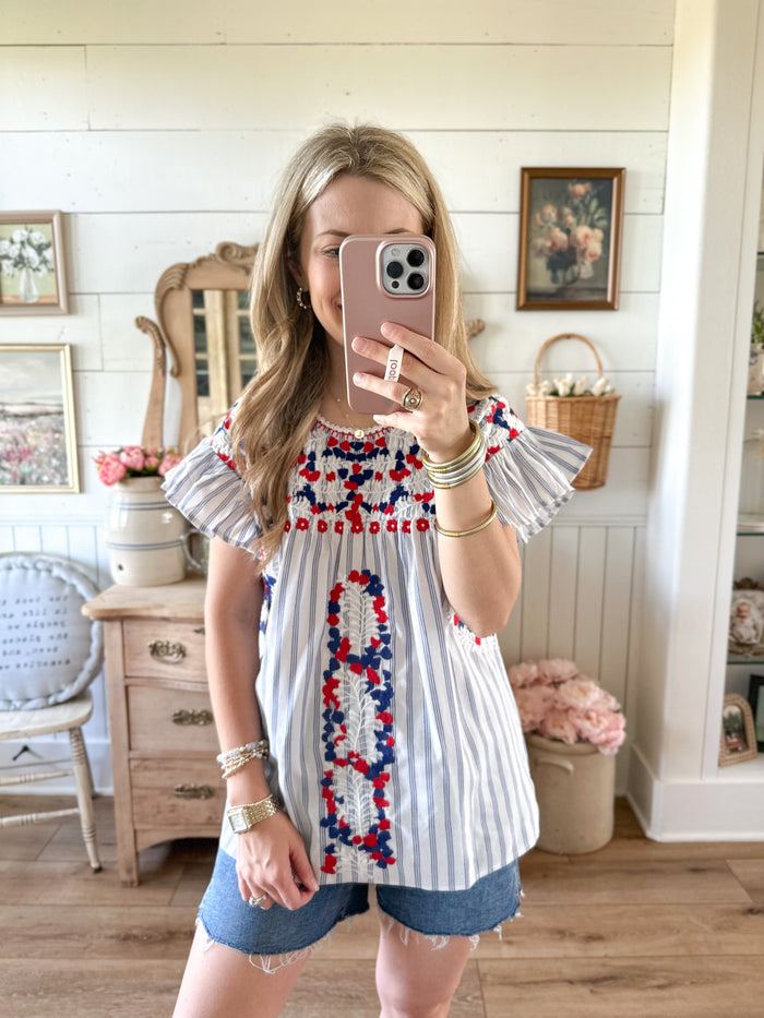 layerz clothing red white blue embroidered top 