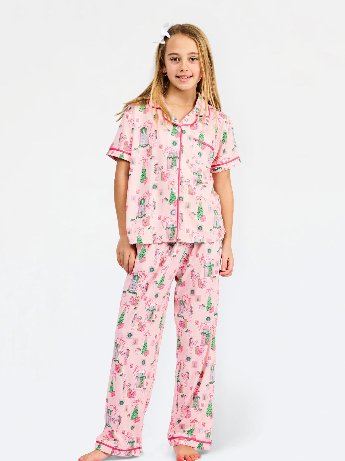 kids size pink christmas cottage pajama set 
