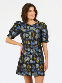 blue floral brocade style puff sleeve dress
with white background 
