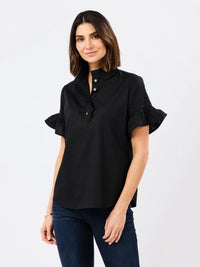 solid black ruffle collar and sleeve blouse with white background 
