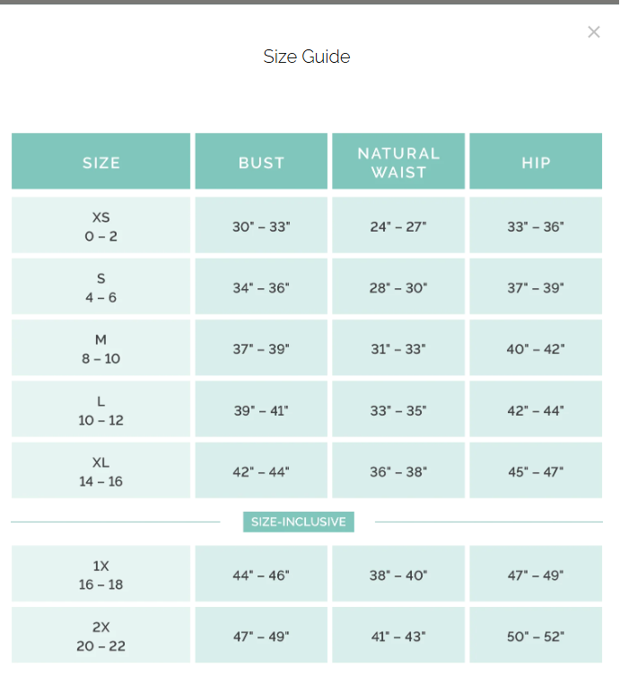 size chart for mary square clothing 
